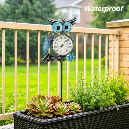 Outdoor Thermometer, Owl Outside Decor for Patio, Yard and Garden | No Battery Needed, Waterproof, Indoor and Outdoor, Easy to Read, Gifts Idea - color: Blue