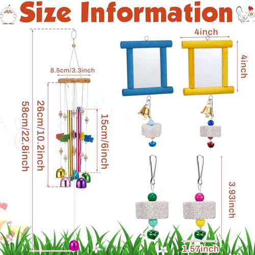 VioraWhite 7 Pcs Chicken Toys, Hanging Chicken Wind Chime, 2 Pcs Coop Mirror Toys with Bells 4 Pack Beak Grinding Stones, Musical Coop Accessories for Hens Roosters Chicks Poultry Birds(Yellow，Blue) - color: Yellow，blue
