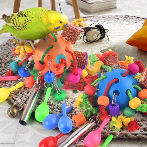 KATUMO Bird Toys, 2PCS Parakeet Foraging Shredder Hanging Toys with Sola Balls Sand Hammer, Parrot Ball Treats for Conure Mini Macaw Cockatiel Lovebird Small-Medium Birds - style: Orange+Blue