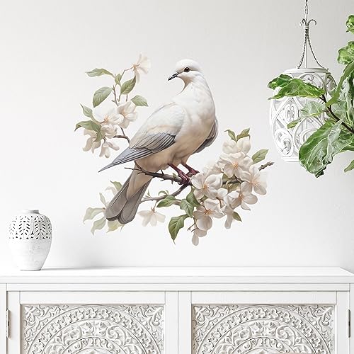 Soaring Dove Amidst Blooming Flowers Wall Decal Animal Wall Sticker | Removable peel and stick watercolor pigeon wall art with animal for nursery, classroom, preschool, and living room