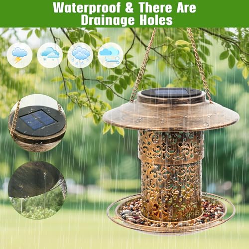 DY-SKTY Metal Bird Feeder for Outdoor Hanging, Large Capacity Solar light Wild Bird Feeder with Drainage Holes,Landing Ring, Solar Lanterns for Garden Decoration, Unique Bird Watching Gift for Outside