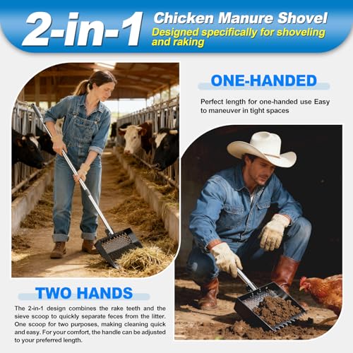 2-in-1 Chicken Poop Scooper & Rake 12-Inch Large Metal Shovel Head Adjustable Stainless Steel Handle (24 to 64") Litter Sifting Shovel Cleaning Tools for Chicken Run, Animal Farm (Black) - color: Black