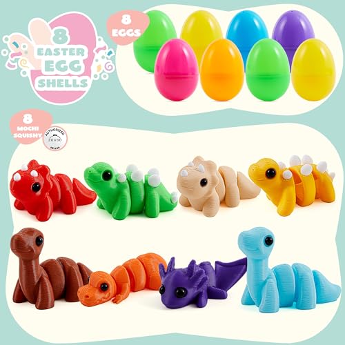 JOYIN 8 Pcs Prefilled Easter Eggs with 3D Printed Toys Mini Dinosaur, Articulated Toys, Basket Stuffers Fillers for Kids Party Favors, Stuffed Easter Egg, Classroom Prize Supplies(Age 8+)