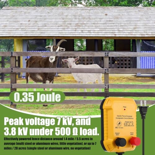 Electric Wire Fence Kit, 2 Mile 110VAC 0.15 J Plug in Fence Charger with 3366 FT Polywire, 40 T Post Insulators, 20 Screw in Insulators for Pasture Farm Horse Cattle Poultry Fencing - size: 3366FT, style: 0.15J