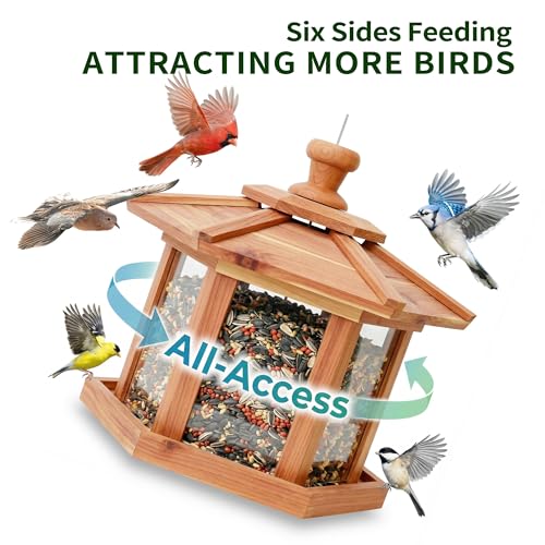 Solution4Patio Bird Feeder for Outdoors - USA Cedar Hexagon Gazebo Bird Feeders with Vented Mesh Tray, Easy-Clean & Fill Design 9.6" Dia. X 8.7" H 3.2-lb Capacity - style: Hexagon Gazebo