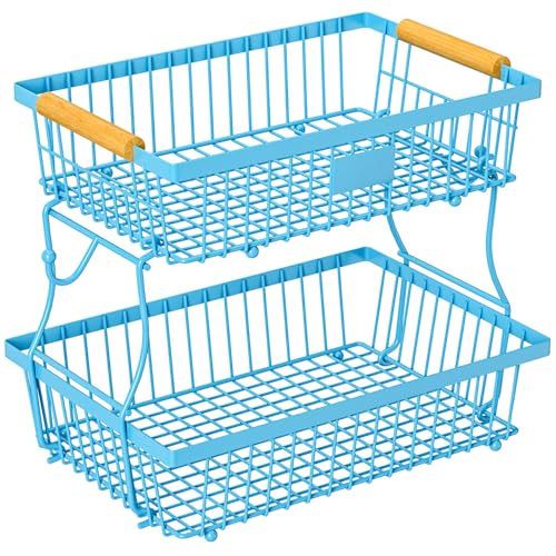 2 Tier Fruit Basket for Kitchen Counter with 2 Banana Hangers, Countertop Metal Bread Basket with Wooden Handle, Large Storage Stand for Vegetables, Snacks, Eggs, Produce Storage – Blue - color: Blue, size: 2 Tier