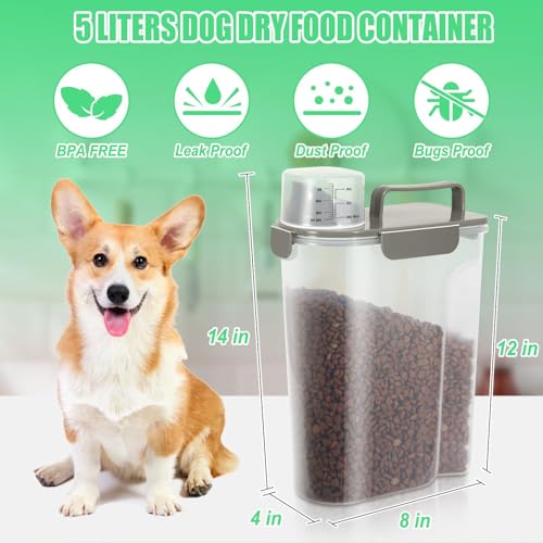 Dog Cat Food Storage Container with Cup (Dark Olive, 5L) | Pet Food Pourable Container Airtight with Large Spout, BPA-Free Plastic Food Dispenser for Pet Food, Bird Seed, Rice, Flour - color: Dark Olive, size: 5L