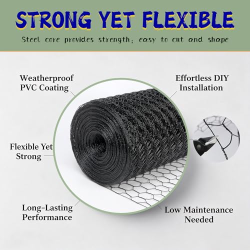 Black 19GA Chicken Wire 24inx150ft, Chicken Wire Fencing, Chicken Fence, PVC Coated Chicken Wire, PVC Coated Wire Mesh for Animal/Rabbit/Floral/Chicken Coop/DIY Projects. - color: Black, size: 24inx150ft