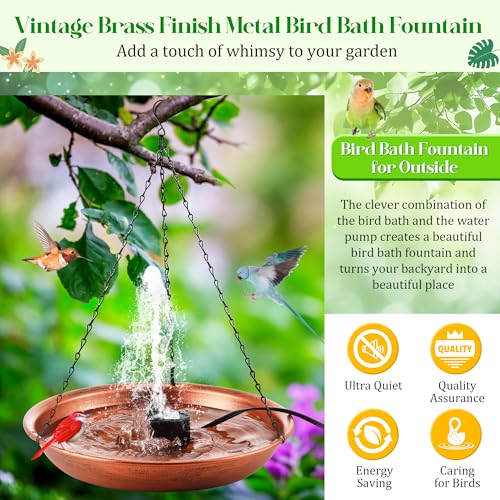 Bird Bath Fountain for Outside, Metal BirdBath Bowl with 8W Pump (Hanging | 24.8 Extra Large Hanging, Copper Metal Bird Bath Bowl with Adjustable 3 Water Flow Modes and 2 Spray Nozzles, Birdbath Feeder - style: Hanging