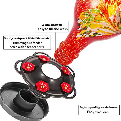 LUJII Hummingbird Feeders for Outdoors, Hand Blown Glass, Never Fade, 36 Fluid Ounces, 5 Feeding Stations, Much Bigger, Garden Backyard Decorative, Containing Ant Moat (Red) - color: Red, size: Large