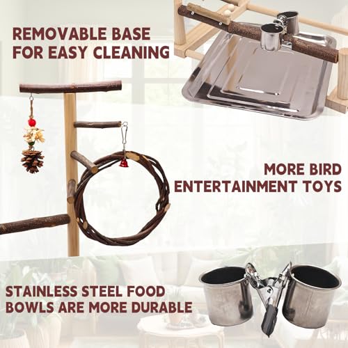 Bird Playground, Natural Wooden Parrot Stand Suitable for Small and Medium Birds, with Feeding Cups, Swing, Chew Toys,Bird Perch Ideal for Parakeets, Budgerigars,Canaries,Conures