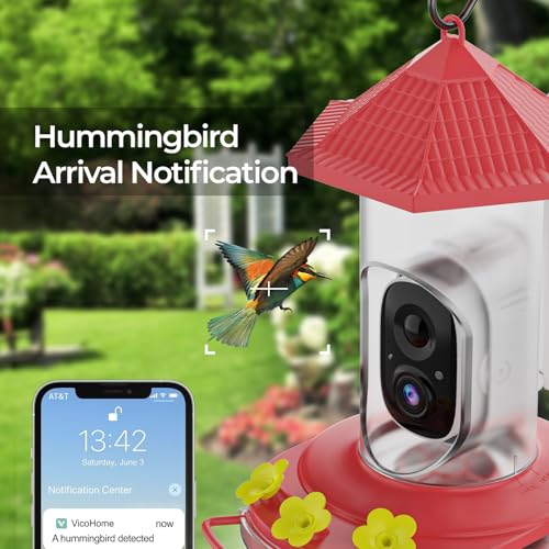 Smart Hummingbird Feeder with Camera, Wireless Bird Feeders | Solar Powered, AI Recognition, Instant Notifications, Feeder for Outdoor, Ideal Gift for Bird Lovers - color: Red