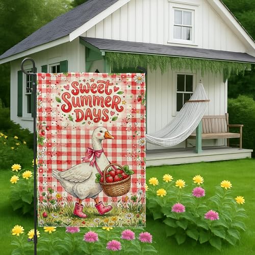 Goose Garden Flag, Summer Playful Strawberries Basket Summer Red Double Sided Burlap Decorative Outside Flags for Outdoor Patio Lawn Porch Entrance Campsite 12x18 Inch - size: 12x18 Inch