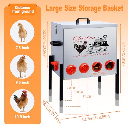 100LB Large Automatic Chicken Feeder–10 Feeding Ports No-Waste Galvanized Metal Chicken Feeder with Adjustable Legs & Locking Lid Poultry Feeder for Chickens,Geese,Ducks,Waterproof