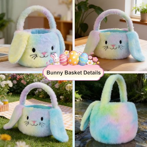 PRATIQUE Foldable Plush Easter Basket with Bunny Ears for Kids, Easter Egg Hunt Bucket with Handle, Cute Storage Bin for Candy, Toys & Gifts (Rainbow) - color: Rainbow