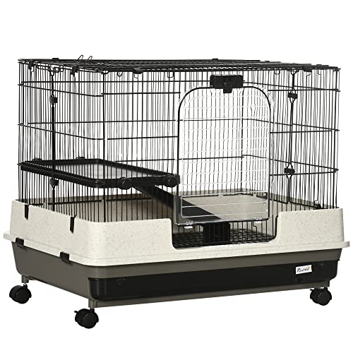 PawHut 26" Small Animal Cage with Wheels, 2-Level Portable Bunny Cage, Chinchilla Ferret Cage with Removable Tray, Platform and Ramp | Portable Chinchilla Ferret Cage, Platform, Ramp - size: 31.5"L x 20.8"W x 26.0"H
