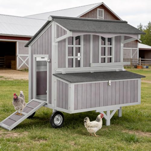 Large Chicken Coop with Wheels, Weatherproof Chicken Tractor with Asphalt Roof, Wooden Poultry Cage with Nesting Box & Removable Tray, Outdoor Hen House for 3-5 Chickens Backyard Farm - color: Grey, size: 48.6"L x 41.0"W x 51.2"H