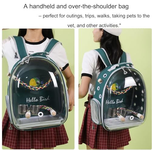Bird Traval Carrier Cage Backpack for Carry Parakeet Cockatiel Parrot | Multi Vent Holes Clear Space Capsule Astronaut with Metal Tray Wood Perch, Vet Transport Book Bag (Green)