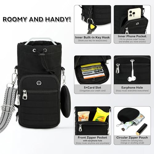 Water Bottle Carrier bag with Strap Phone Pocket for Walking, Hiking, Cycling - color: 1-Black, size: 40oz-64oz