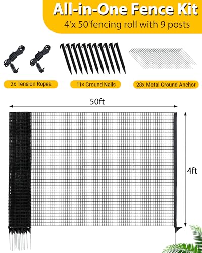4'x50' Temporary Fence with Posts, Dog Fence Outdoor for Yard, Black | Mesh with step-in posts, No assembly required, Portable Fencing for yard, Garden fence animal barrier, Snow fence - color: Black, size: 4x50 ft