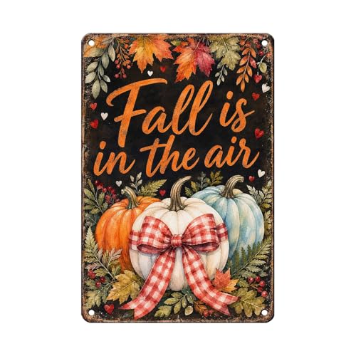 Fall Is In The Air Pumpkin Gingham Bow Tin Sign Rustic Autumn Wall Decor for Entryway Porch Kitchen Dining Room Living Room and Farmhouse Home Decor 12 * 8In - color: Vintage Thanksgiving Tin Sign 20, size: 20X30cm(12*8in)