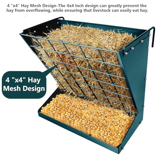 Wall Mount Hay Rack, Heavy-Duty Galvanized Metal 2 in 1 Hay and Grain Feeder, Livestock Feeder with Adjustable Distance, Hay Feeder for Goats, Sheep, Horse - color: Dark Green