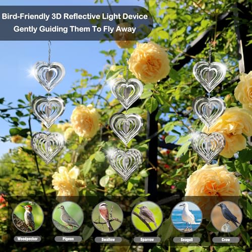 9 Pack Heart Shaped Mirror Reflective Hanging Wind Spinners, Stainless Steel 360° Swivel Decorative Discs, Weather Resistant Outdoor Ornaments for Yard, Patio, Balcony & Garden - color: Heart-shaped Silver White