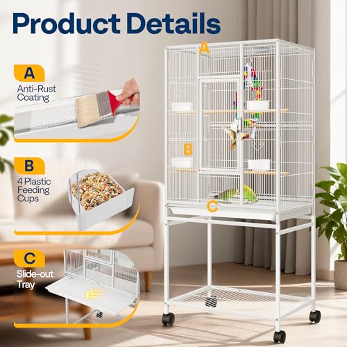 VIVOHOME 54 Inch Wrought Iron Large Bird Cage with Rolling Stand | Bird Flight Cage with Stand, Casters, Slide-out Tray for Parakeets Canaries Parrot Cockatiels Lovebirds Conures, Whtie - color: White