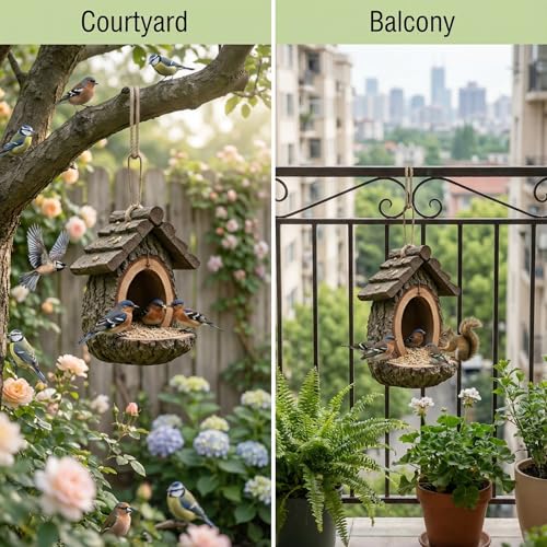Mini Resin Treehouse Wild Bird Feeder, Hanging Bird Feeder | Waterproof Hanging Bird Feeders for Outdoors, Open Design Garden Yard Sculpture & Country Decor