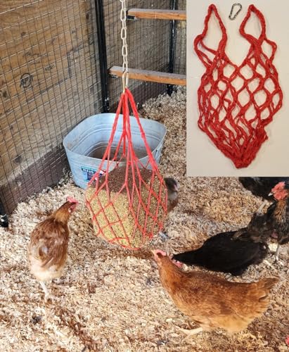 RED Chicken Coop Flock Block Bird Seed Hanging Bag Veggie Treat Holder - Poultry Feeder Toy Accessories Cabbage Bowl Sack - Holds 25 lb Pound Bird Seed Blocks, Poultry Run Wildlife Feeder