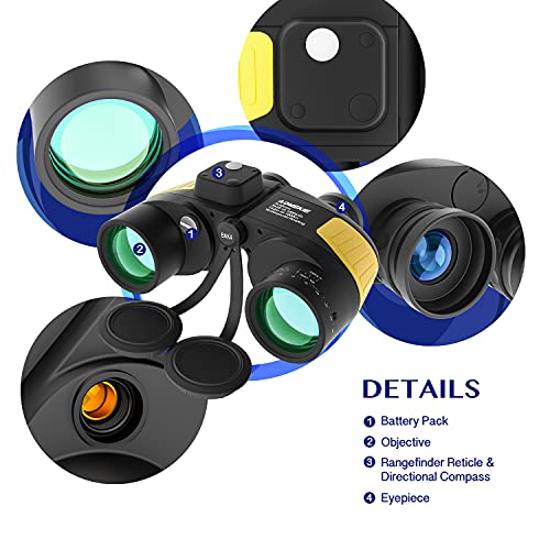AOMEKIE 7x50 Waterproof Marine Binoculars for Adults with Rangefinder Compass BAK4 Prism FMC Lens for Birdwatching Hunting Boating Fishing Water Sports(Yellow) - color: Yellow