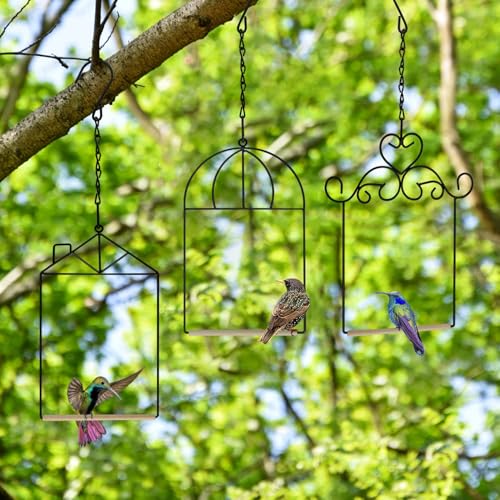 Metal Frame Hummingbird Swings and Perches with Wooden Dowel Black Bird Swing Outdoor Bird Perch Humming Bird Swing (3PK Different) - style: 3PK different