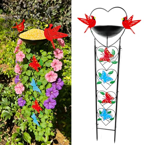 Bird Feeder with Garden Trellis for Climbing Plants Outdoor, Bird Bath with Metal Butterfly Decor for Garden Wild Birds - color: Black