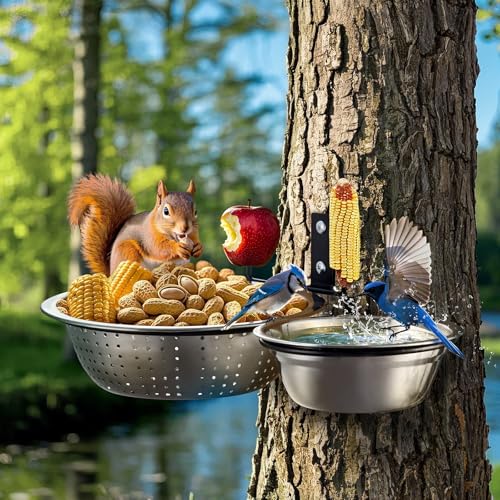 2-Hoop Squirrel/Bird Feeder, 2025 Cute Metal Bowl Outside Tree Mounted, 8.5" Drainage + 5.5" Solid Bowl for Food/Water, Perfect Squirrel Feeders for Yard - size: 2-Hoop - 14" Length