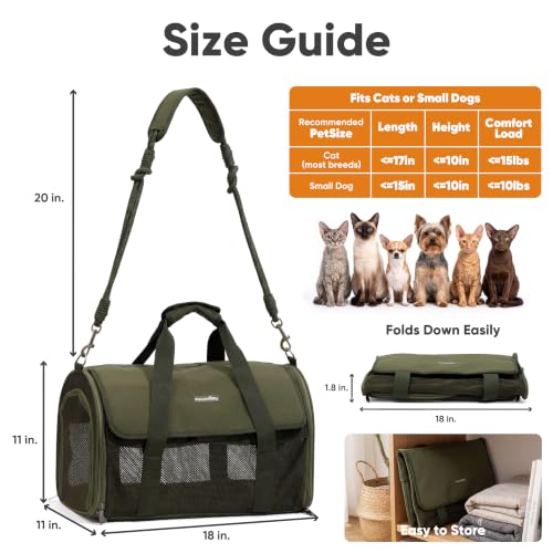 FUKUMARU Cat Carrier Soft, Ultra Lightweight Airline Approved Dog Carrier | Kitten Carrier with Anti-Scratch Mesh, Breathable Small Dog Carrier Bag, Collapsible Pet Carrier for Cats Under 15 lb, Green - color: Green