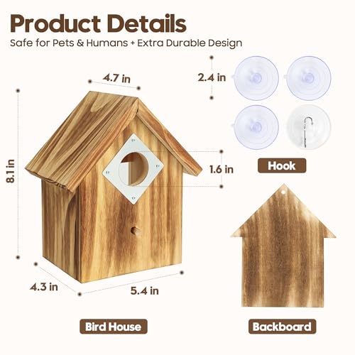 UUMENHA Window Birdhouse for Viewing Inside with 3 Strong Suction Cups, Clear See-Through Wooden Bird Houses for Outside, Weather-Resistant Outdoor Nesting Box, Suitable for Bluebird Finch Chickadee
