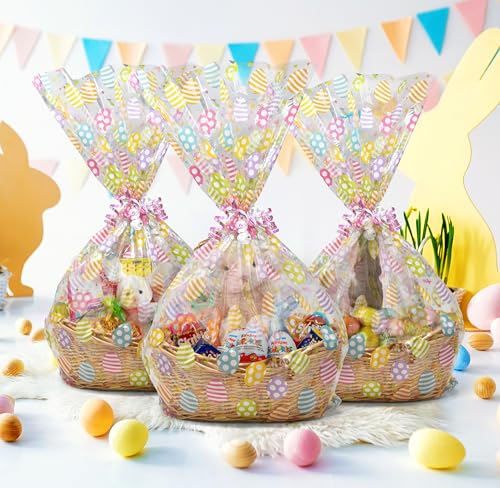 Large Easter Cellophane Basket Bags 10 Pack, Clear Treat Wrap Bags 24 x 30 Inch with Colorful Egg Print and Twist Ties, Jumbo Plastic Gift Wrap for Candy, Party Favors, Holiday Baskets