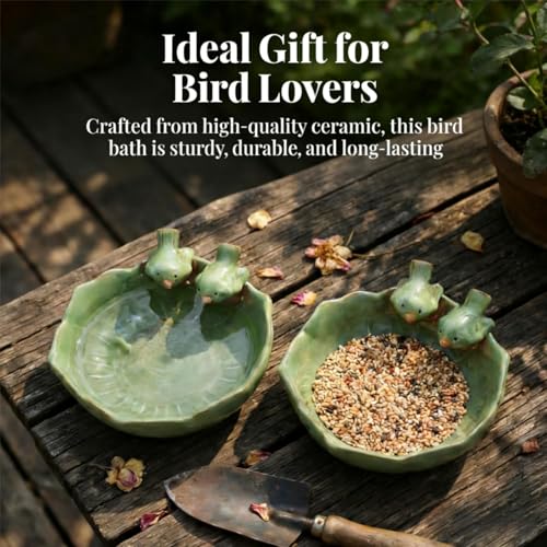 2 Pack Ceramic Bird Bath for Outdoors, 5.5" Ground Birds Bath Bowl for Outside, Heavy Duty Wild Bird Feeders, Feeding Tray Food Holder for Balcony Garden Lawn Patio Decor Tabletop, Green