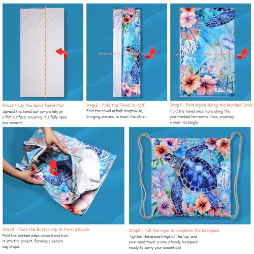 Sea Turtle Beach Towel Bag - Summer Multi-Functional Microfiber Beach Blanket Flower Printed Drawstring Bag for Travel - color: Summer Turtle Blue