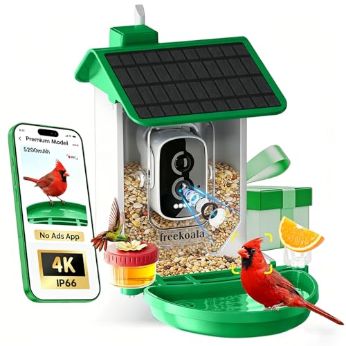 Bird Feeder with Camera, Upgraded Model, 4K UHD AI Bird Camera, Instant Arrival Alerts, Solar Powered, 5200mAh Rechargeable Battery, IP66 Waterproof Outdoor, Gift for Bird Lovers, Green - color: Green