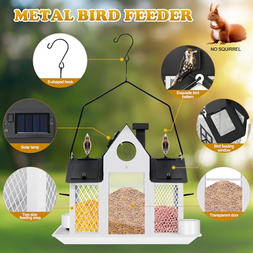 Solar Bird Feeders House Outside Hanging Metal Wild Bird Feeder Outdoors Large Cardinal Bird Feeder Birdhouses Squirrel Proof White - color: White