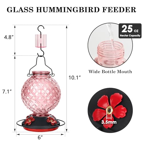 25 OZ Glass Hummingbird Feeder for Outdoors, Leak Proof Hummingbird Feeder with Ant Moat, 4 Bee Resistant Feeding Ports, Easy Clean Wide Mouth Design, Hanging Nectar Feeder, Pink - color: Pink - 25oz