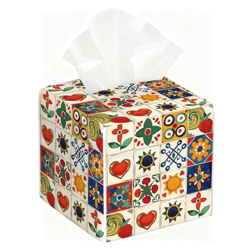 Mediterranean Colorful Pattern Tissue Box Holder, PU Leather Holder with Spanish Artistic Pattern for Living Room/Bathroom/Bedroom/Kitchen Decoration, Gift for Style Focused Homeowners. - color: White Decoration Theme-02