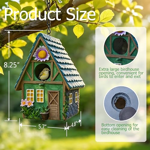 Bird House for Outside, Hand-Painted Resin Cottage Birdhouse with Flower Accents, Waterproof Hanging Bird House for Outdoor Garden, Patio, Yard, Bluebird, Finch, Hummingbird, Sparrow Nesting Box