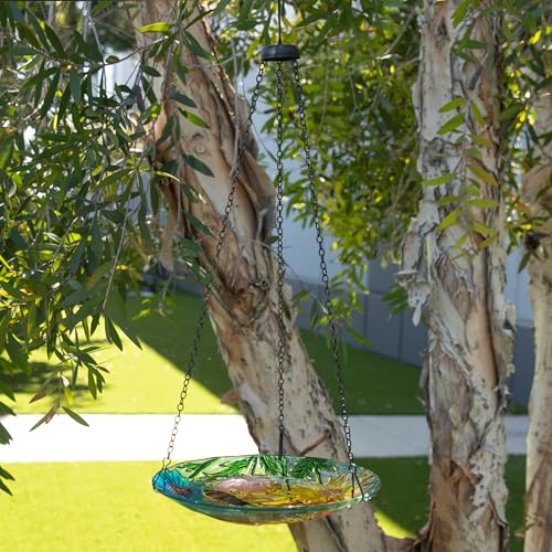 Alpine Corporation KBD126 Outdoor Hanging Glass Bird Feeder and Birdbath, Floral and Bee Bowl Design with Chain, 10" W - style: Floral and Bee