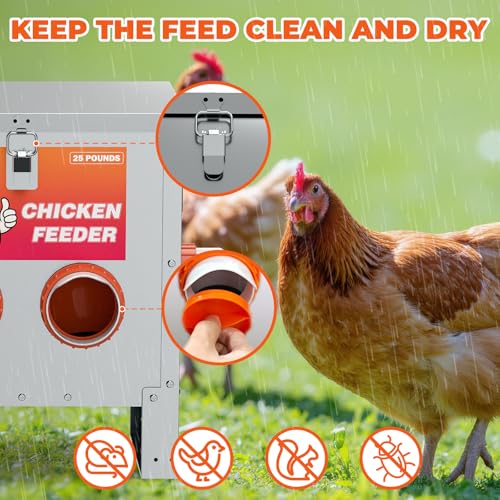 4 Port Automatic Chicken Feeder, No Waste Poultry Feeder with Lid | 25 LBS Large Gravity, Weatherproof Lid, Locking Latch, Convenient Handle, Heavy Duty Automatic Metal Chicken Feeder