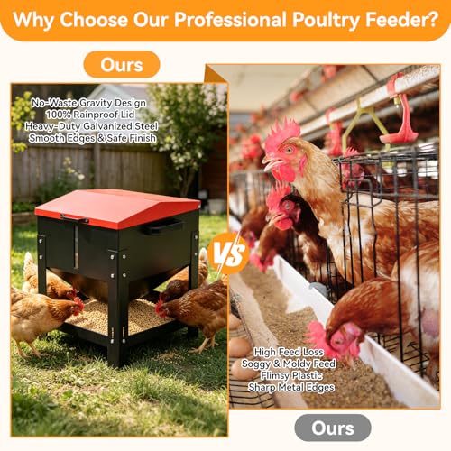 Metal Chicken Feeder 80 LBS Large Capacity, Automatic Poultry Feeder for Dry Feed with Weatherproof Lid and Handle, Heavy-Duty Metal Gravity Feed Dispenser for Outdoor Coop, Chickens, Ducks