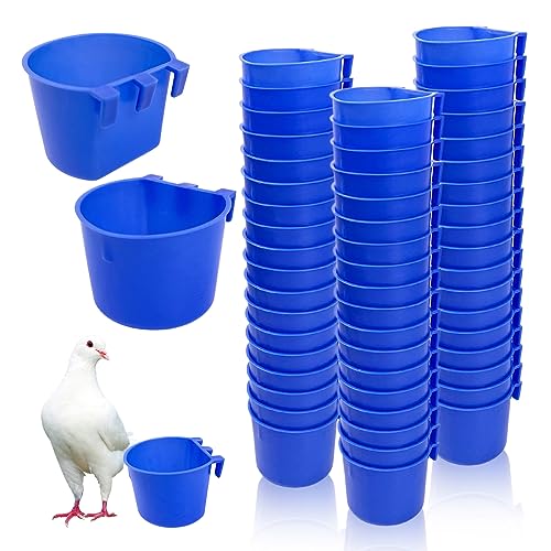 Rainmae 50 Pcs Cage Cups Birds Hanging Feeders Chicken Water Cups Bird Food Bowl 8 oz Plastic Bird Water Dispenser for Small Coop Parrot Parakeet Pet Poultry Pigeon Gamefowl Seed Bowl Supplies (Blue)