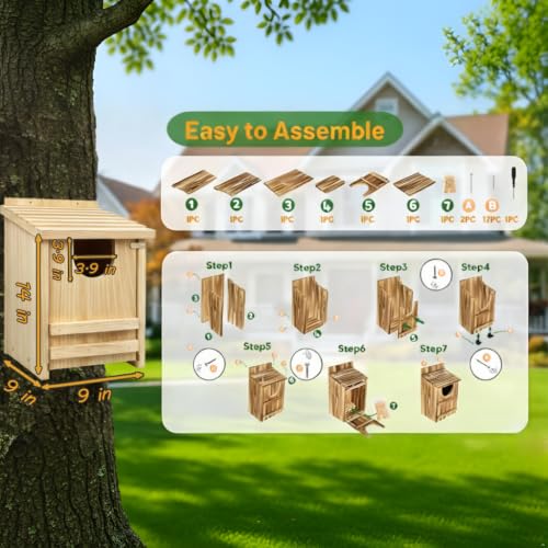 Pine Owl House,14×9×9 Inch Weather‑Resistant Outdoor Nesting Owl Box | Outdoor natural pine owl box with wood shavings, quick assembly. Weather‑resistant shelter, ideal gift for wildlife lovers.