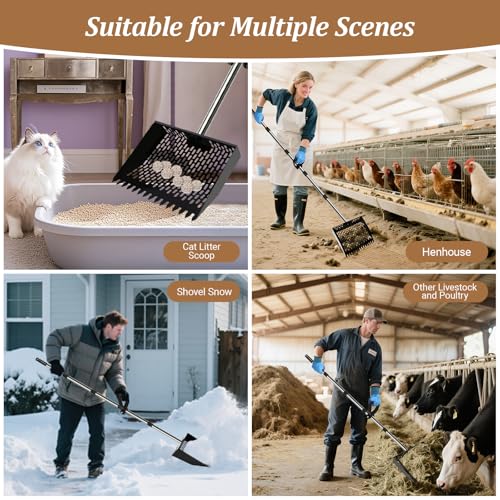 12-Inch Heavy Duty Chicken Poop Scooper & Rake 2-in-1 with 36-77" Adjustable Stainless Steel Handle Ergonomic Metal Sifting Shovel for Chicken Coop, Goat Stall,Animals House Cleaning - color: 12inch
